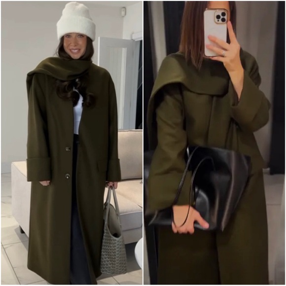 ZARA KHAKI MANTECO WOOL SCARF COATZW COLLECTION - Picture 5 of 14